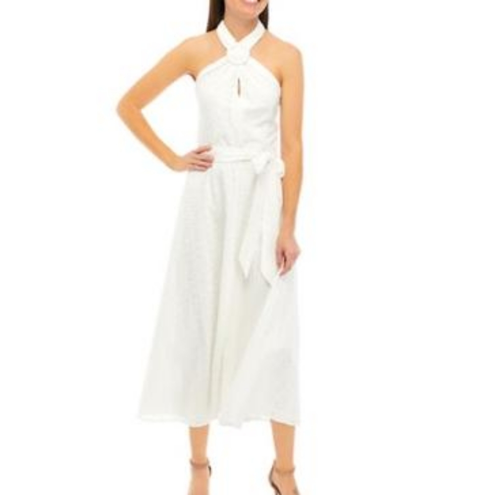 Anne Klein Women's Sleeveless Halter Neck Solid Eyelet Dress, White, 10